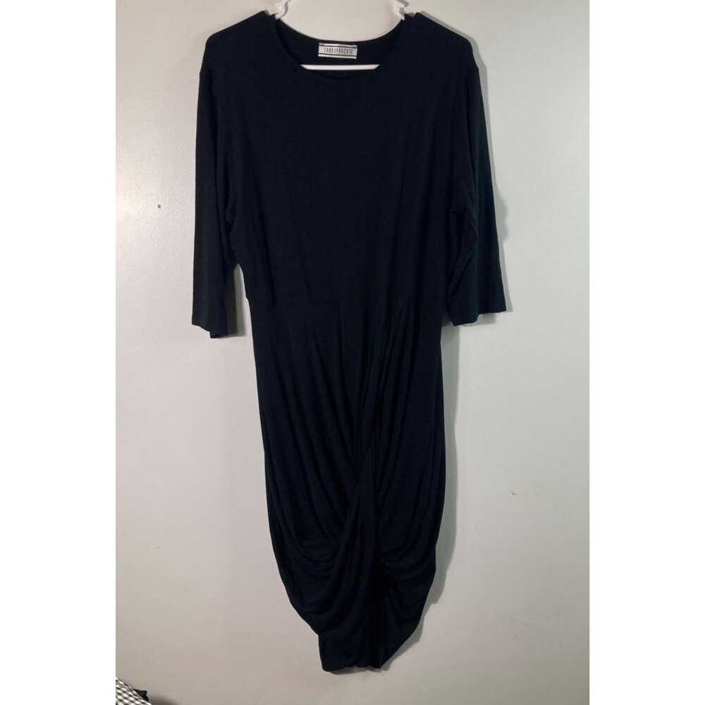 Womens Transparente Asymmetrical Lagenlook Dress Knot Front 1/2 Sleeve L Black‎